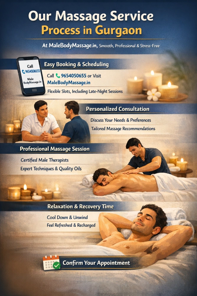 nfographic showing the 4-step massage service process at MaleBodyMassage.in Gurgaon, including booking, consultation, session, and recovery